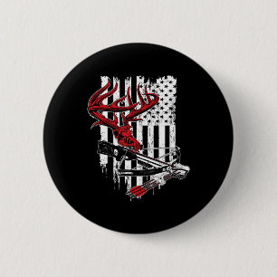 American Flag Archery Bow Hunting  Deer Skull Cros Button
