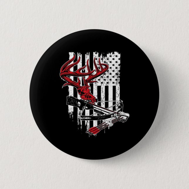 American Flag Archery Bow Hunting  Deer Skull Cros Button (Front)
