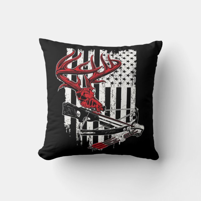 American Flag Archery Bow Hunting  Deer Skull Cros Throw Pillow (Front)