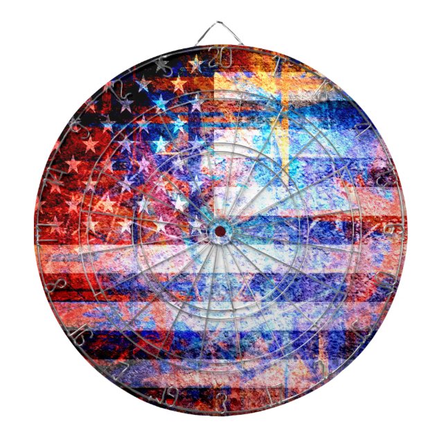 American Flag Art Grunge Dartboard With Darts (Front)