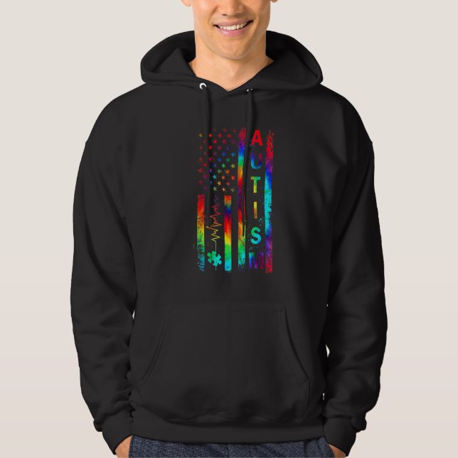 American Flag Autism Awareness Teacher Mom Support Hoodie (Front)