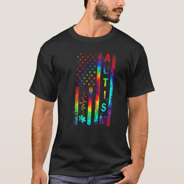 American Flag Autism Awareness Teacher Mom Support T-Shirt (Front)