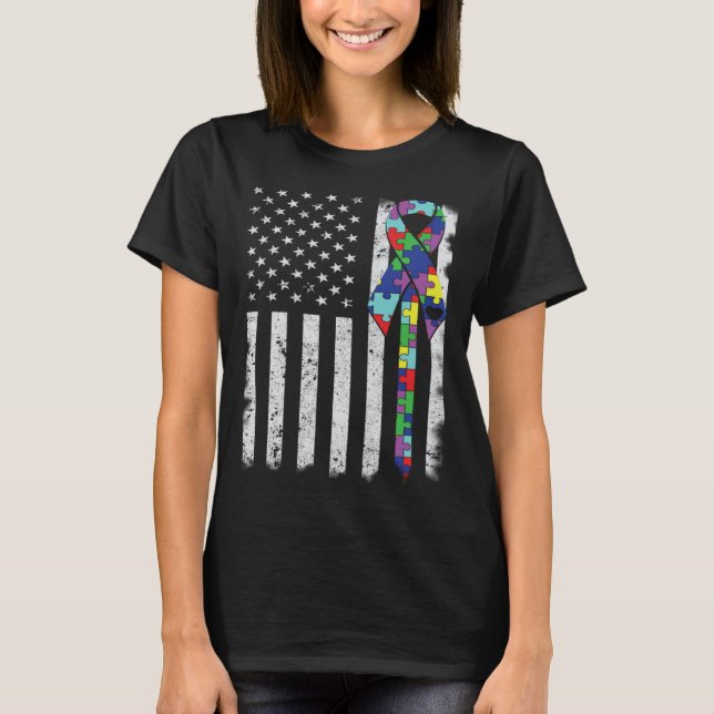 American Flag Autism Awareness Teacher Mom Support T-Shirt (Front)