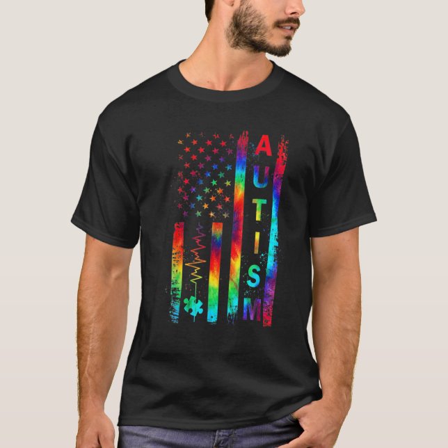 American Flag Autism Awareness Teacher Mom Support T-Shirt (Front)