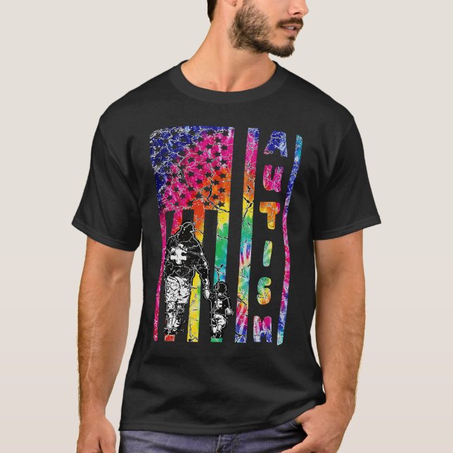 American Flag Autism Awareness Teacher Mom Support T-Shirt (Front)