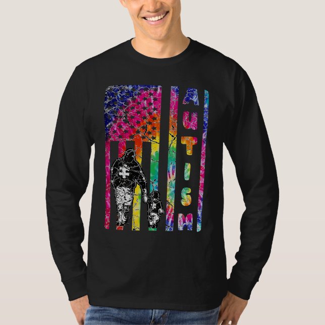 American Flag Autism Awareness Teacher Mom Support T-Shirt (Front)