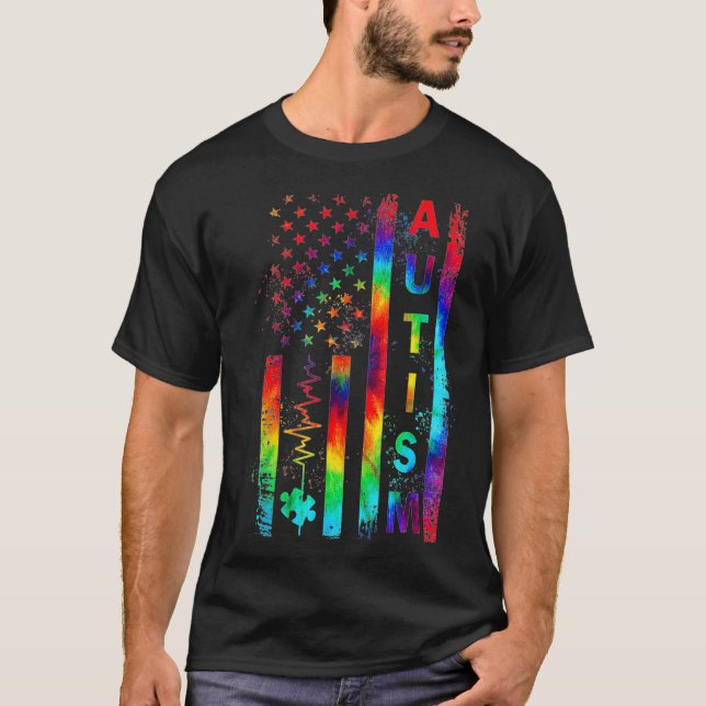 American Flag Autism Awareness Teacher Mom Tie T-Shirt (Front)