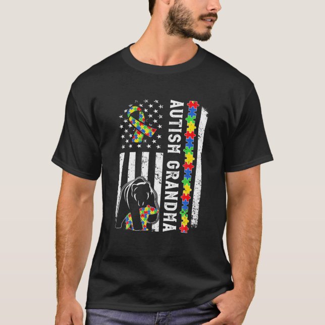 American Flag Autism Grandma Family Bear Autistic T-Shirt (Front)