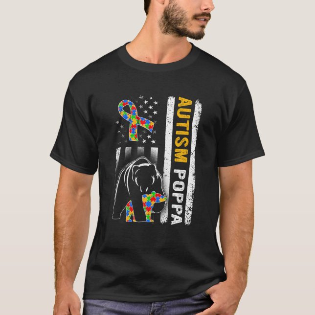 American Flag Autism Poppa Family Bear Autistic T-Shirt (Front)