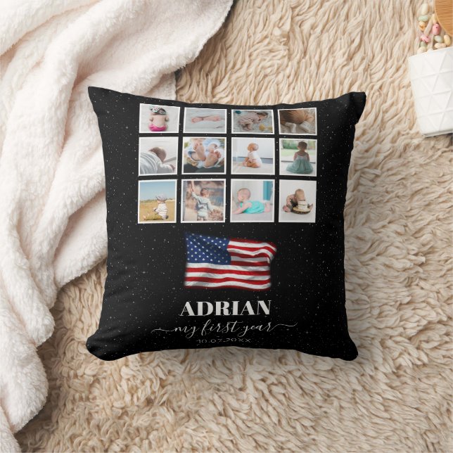 American Flag Baby First Year Photo Collage Throw Pillow (Blanket)