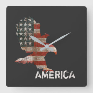 American Flag Bald Eagle America Text Square Wall Clock