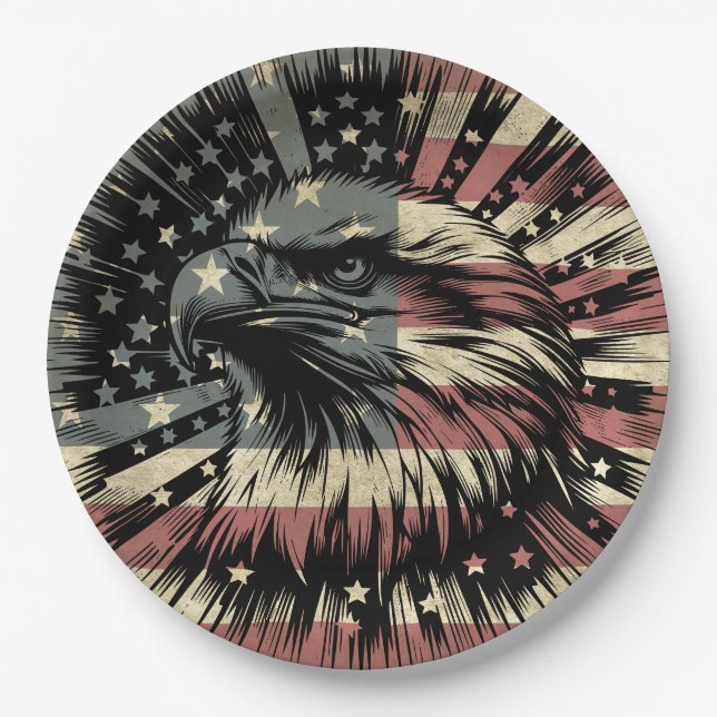 American Flag Bald Eagle Patriotic  Paper Plates (Front)