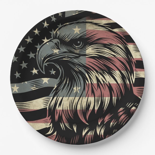 American Flag Bald Eagle Patriotic  Paper Plates (Front)