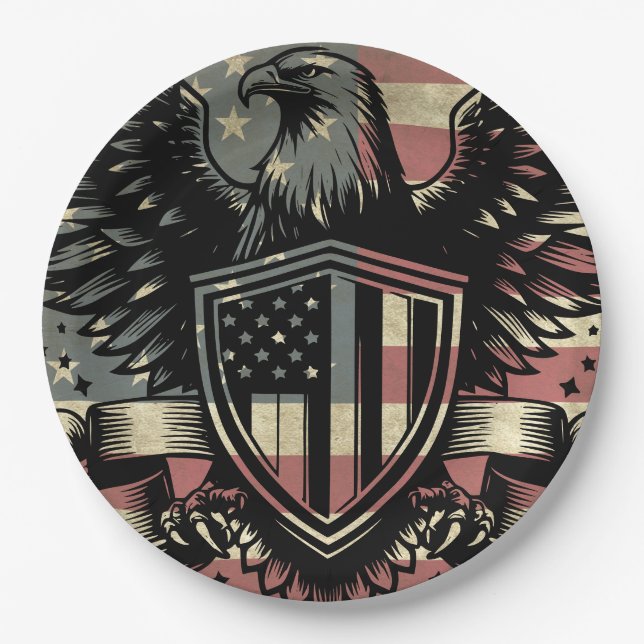 American Flag Bald Eagle Patriotic  Paper Plates (Front)