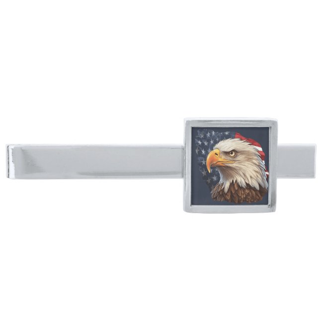 American Flag Bald Eagle Silver Finish Tie Bar (Front)