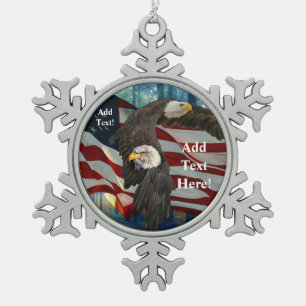 American Flag Bald Eagle Snowflake Pewter Christmas Ornament