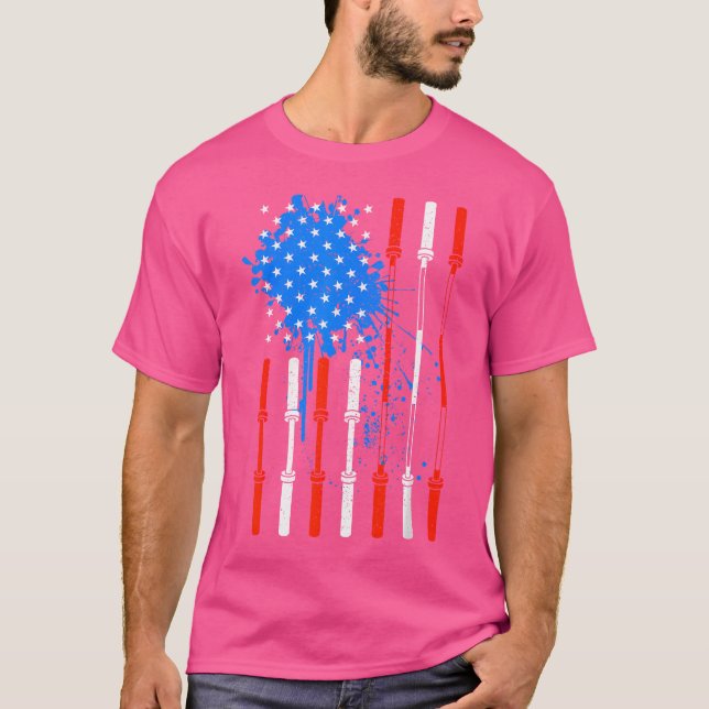 American Flag Barbells Patriotic Weightlifting Gym T-Shirt (Front)