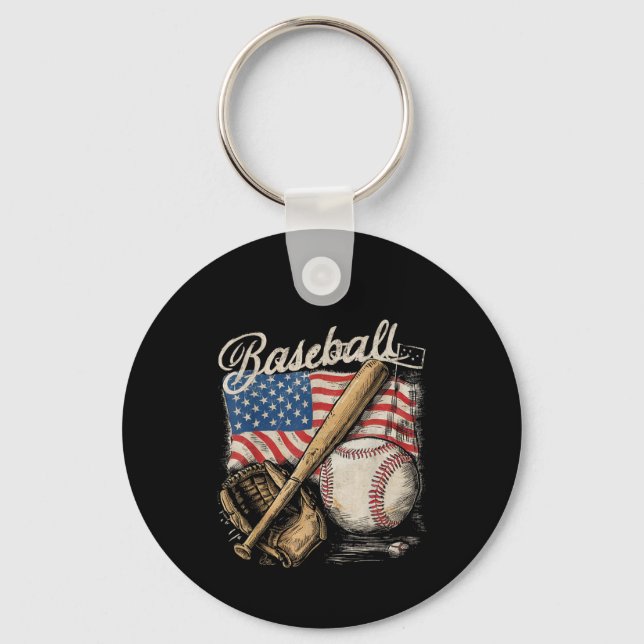 American Flag Baseball Player Bat Fan Catcher Keychain (Front)