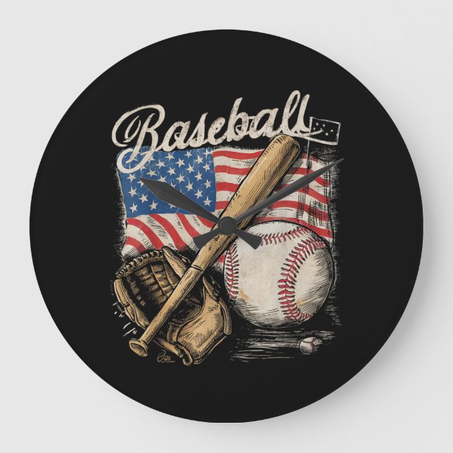 American Flag Baseball Player Bat Fan Catcher Large Clock (Front)