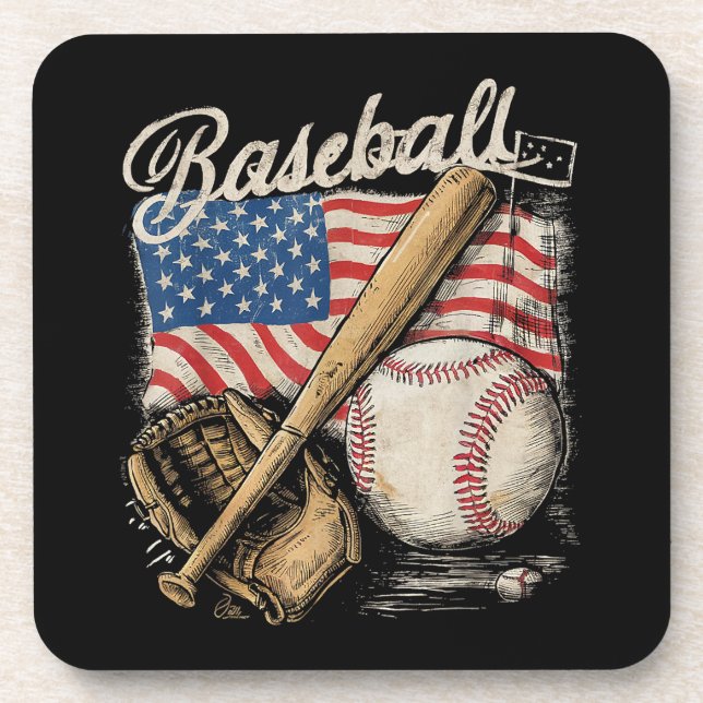 American Flag Baseball Player Bat Fan Catcher Pitc Beverage Coaster (Front)