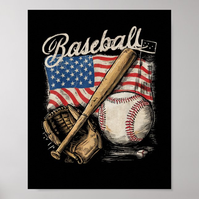 American Flag Baseball Player Bat Fan Catcher Poster (Front)