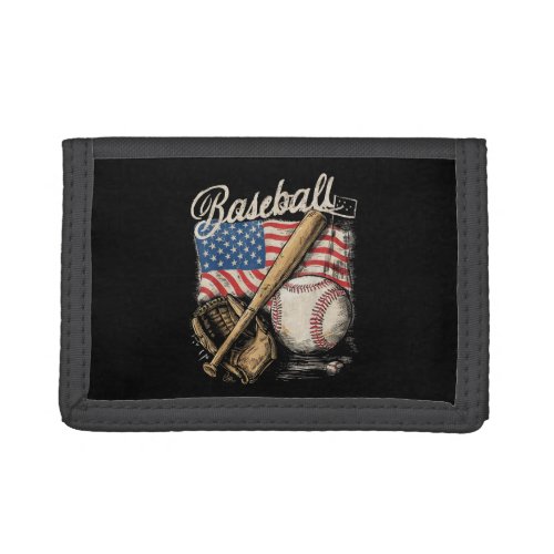 American Flag Baseball Player Bat Fan Catcher Trifold Wallet