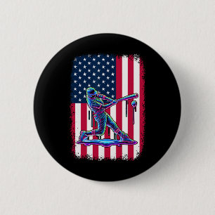 American Flag Baseball Player Bat Patriotic 4th Of Button
