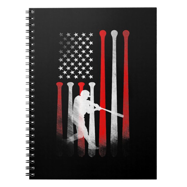American Flag Baseball Player Flag, Dad, Mom, Kid Notebook (Front)
