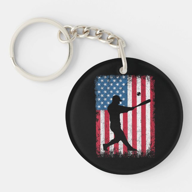 American Flag Baseball Team Gift for Men Boys Girl Keychain (Front)