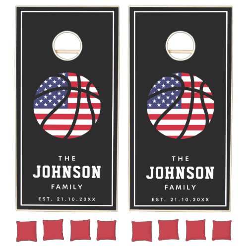 American Flag Basketball Patriotic Family Name Cornhole Set