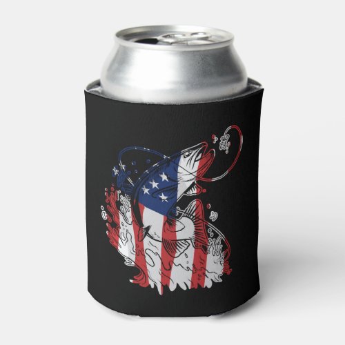 American Flag Bass Fish 4th of July for Fisherman Can Cooler