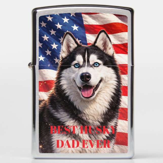 American Flag Best Dad Ever Husky Dog Zippo Lighter (Front)