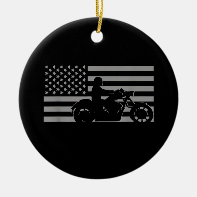 American Flag Biker Motorcycle Short Sleeve Ceramic Ornament (Front)