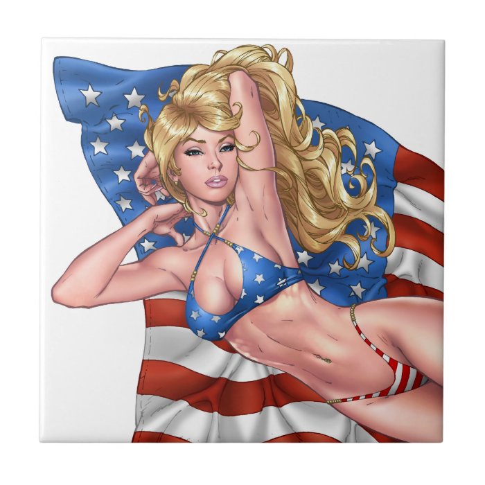 American Flag Bikini Pinup Girl by Al Rio Ceramic Tile