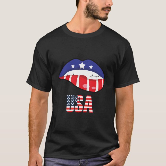 American Flag Biting Lip Usa 4Th Of July Independe T-Shirt (Front)