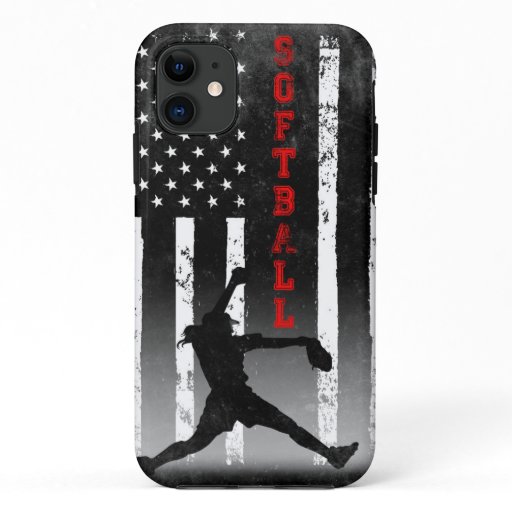 AMERICAN FLAG BLACK SOFTBALL  iPhone 11 CASE