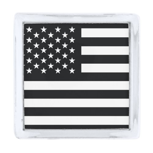 American Flag Black White Silver Finish Lapel Pin