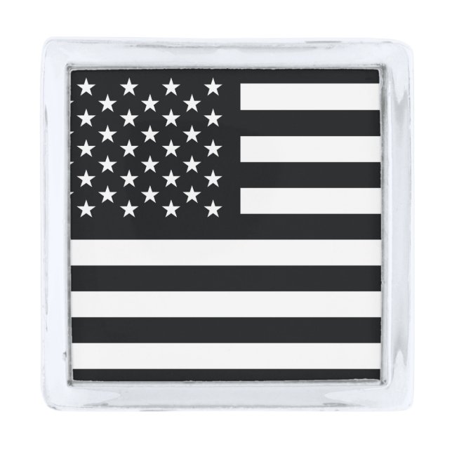 American Flag Black White Silver Finish Lapel Pin (Front)