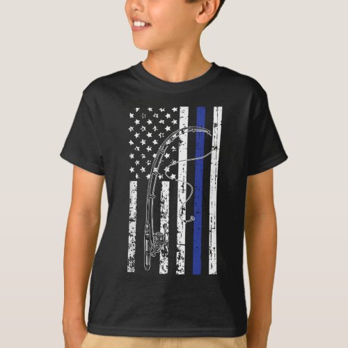 American Flag Blue Line Fishing Cool Police Office T_Shirt