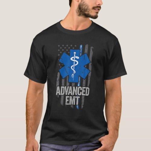 American Flag Blue White Thin Line Advanced EMT AE T_Shirt