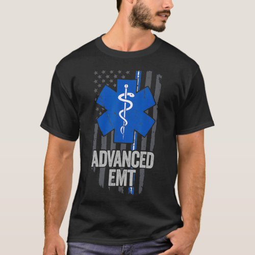 American Flag Blue White Thin line Advanced EMT T_Shirt