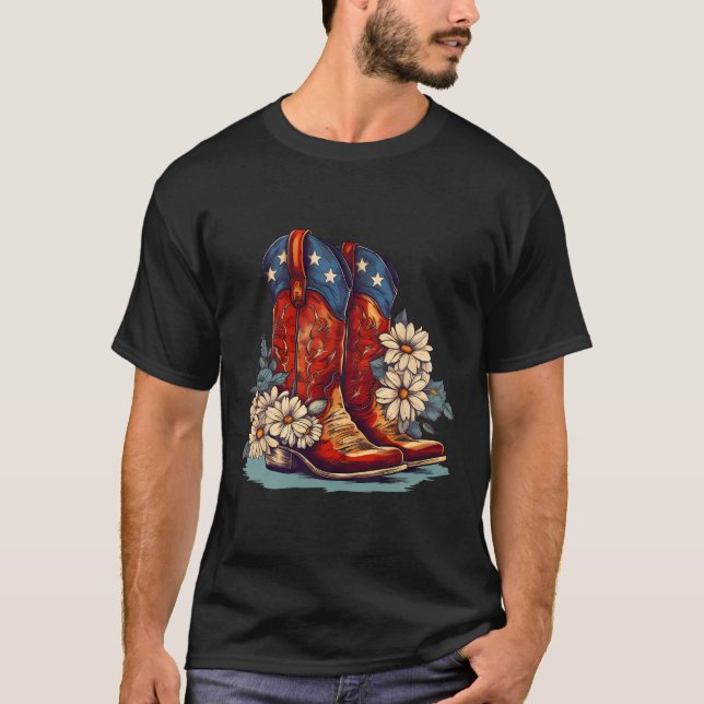 American Flag Boots And Bows 4th Of July Cowgirl W T-Shirt (Front)