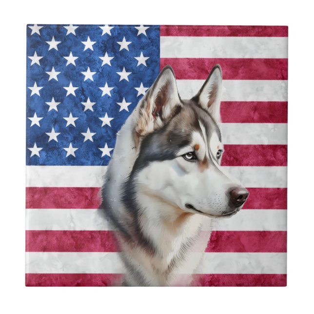 American Flag Border Collie Dog pets Ceramic Tile (Front)