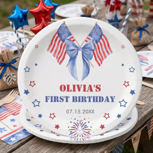 American Flag Bow Girl Birthday Paper Plates
