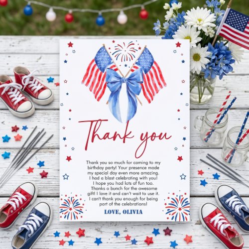 American Flag Bow Girl Birthday Thank You Card