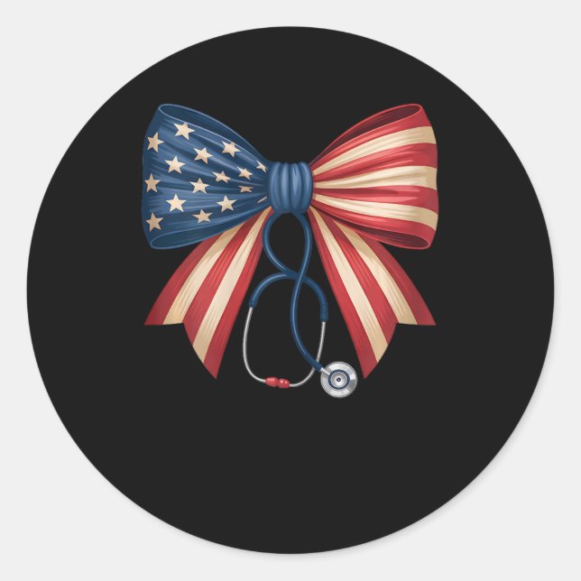 American Flag Bow Stethoscope 4th Of July Nurse Pr Classic Round Sticker (Front)