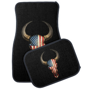 American Flag Bull Skull on Black Car Mat