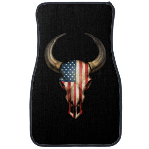 American Flag Bull Skull on Black Car Mat