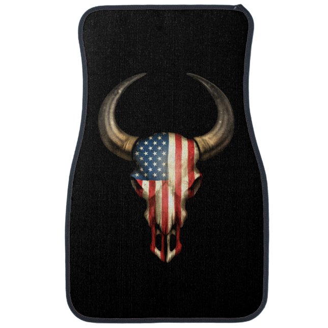 American Flag Bull Skull on Black Car Mat (Front)