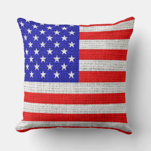 American Flag Burlap Linen Rustic Jute Throw Pillow